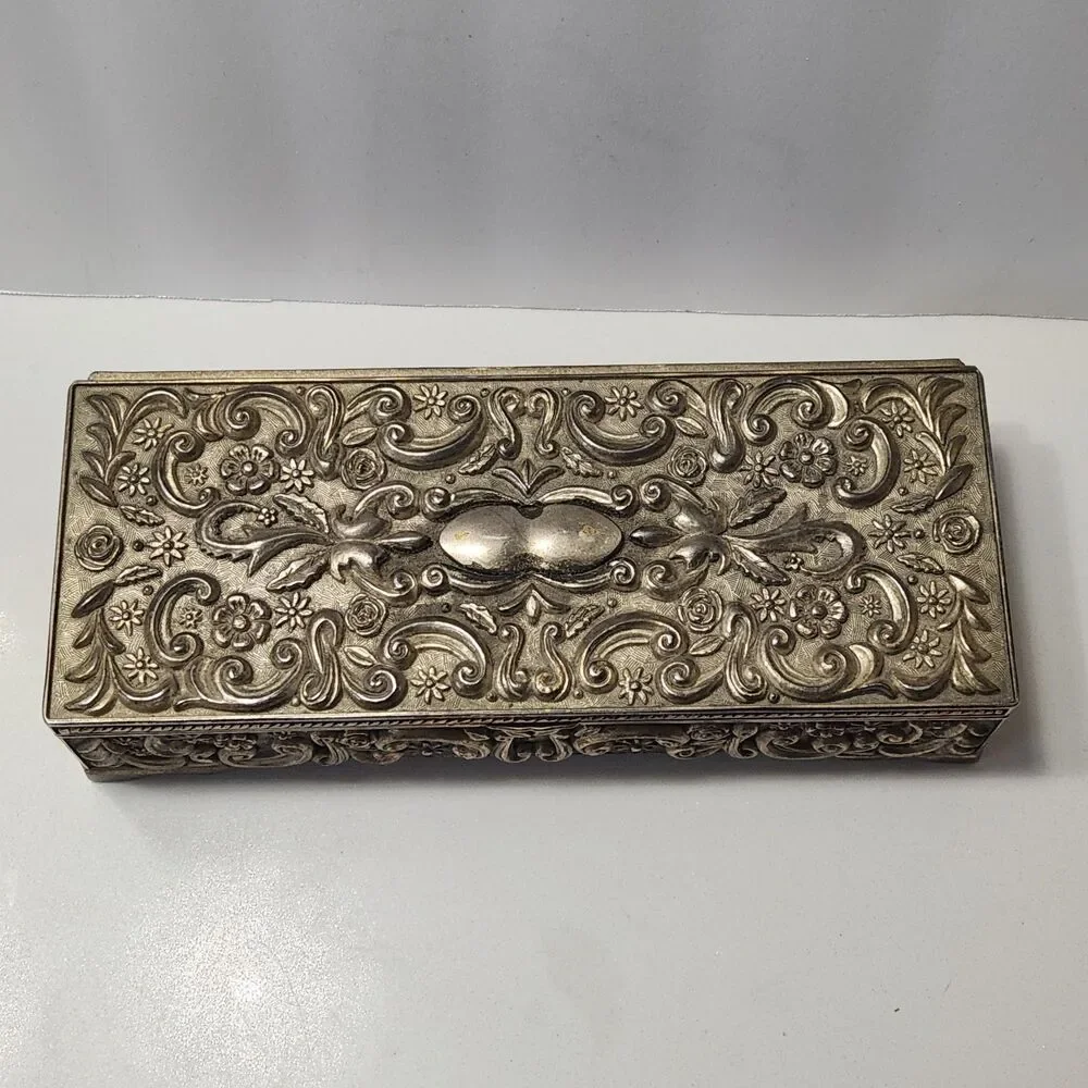 Godinger Vintage 1992 Silver Plate Ornate Rectangle Jewelry  Hinged Box Velvet